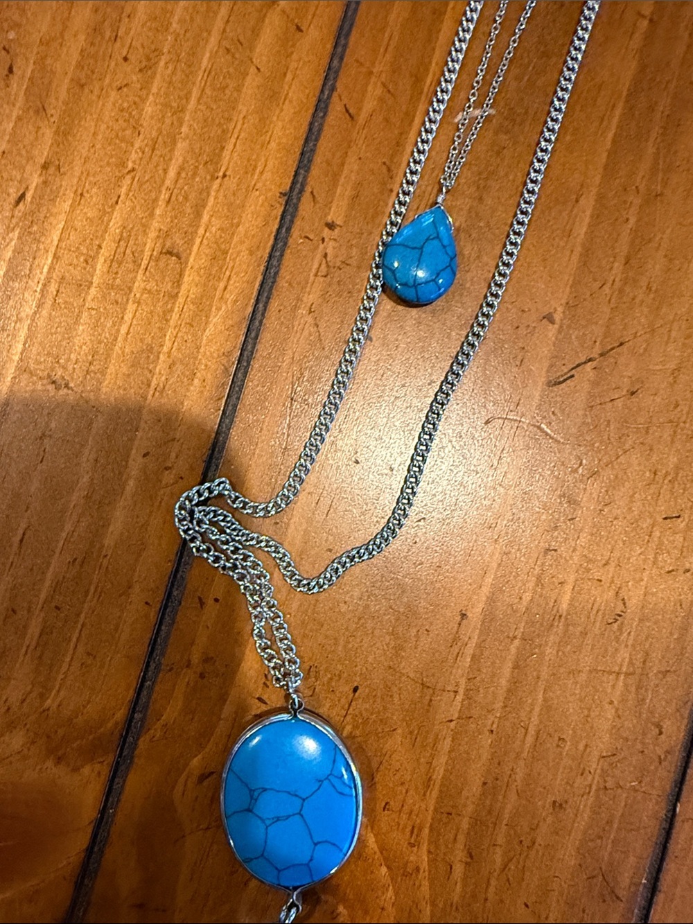 Long Silver Chain Necklace with Turquoise Blue Stones